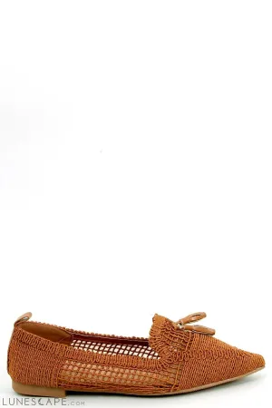 Brown Pointed Toe Woven Raffia Women's Loafers with Tassels
