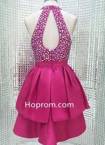 Hot Pink Short Sparkly High Neck Homecoming Dress with Open Back