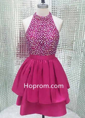 Hot Pink Short Sparkly High Neck Homecoming Dress with Open Back