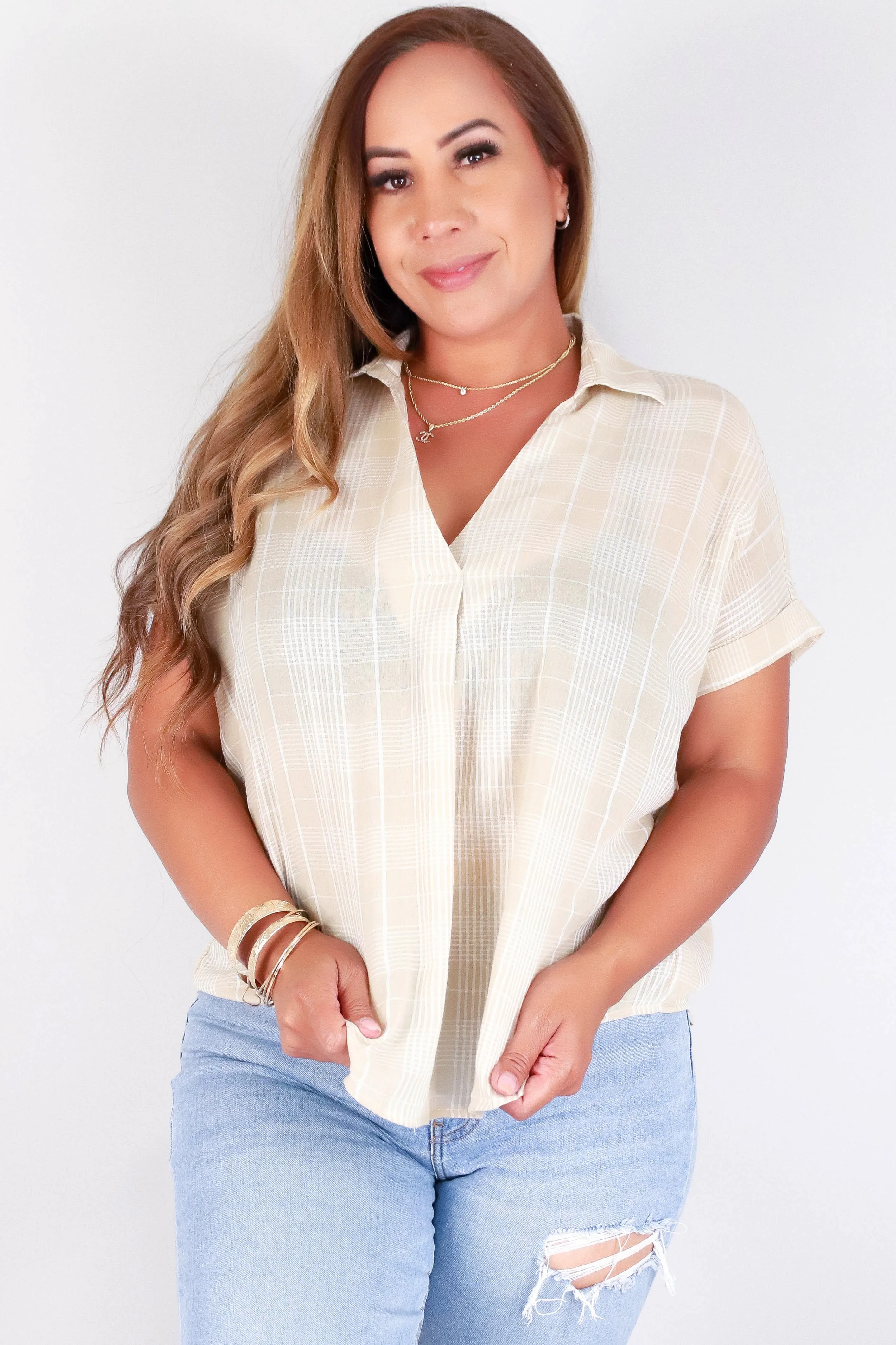 PLAID SPLIT NECK TOP