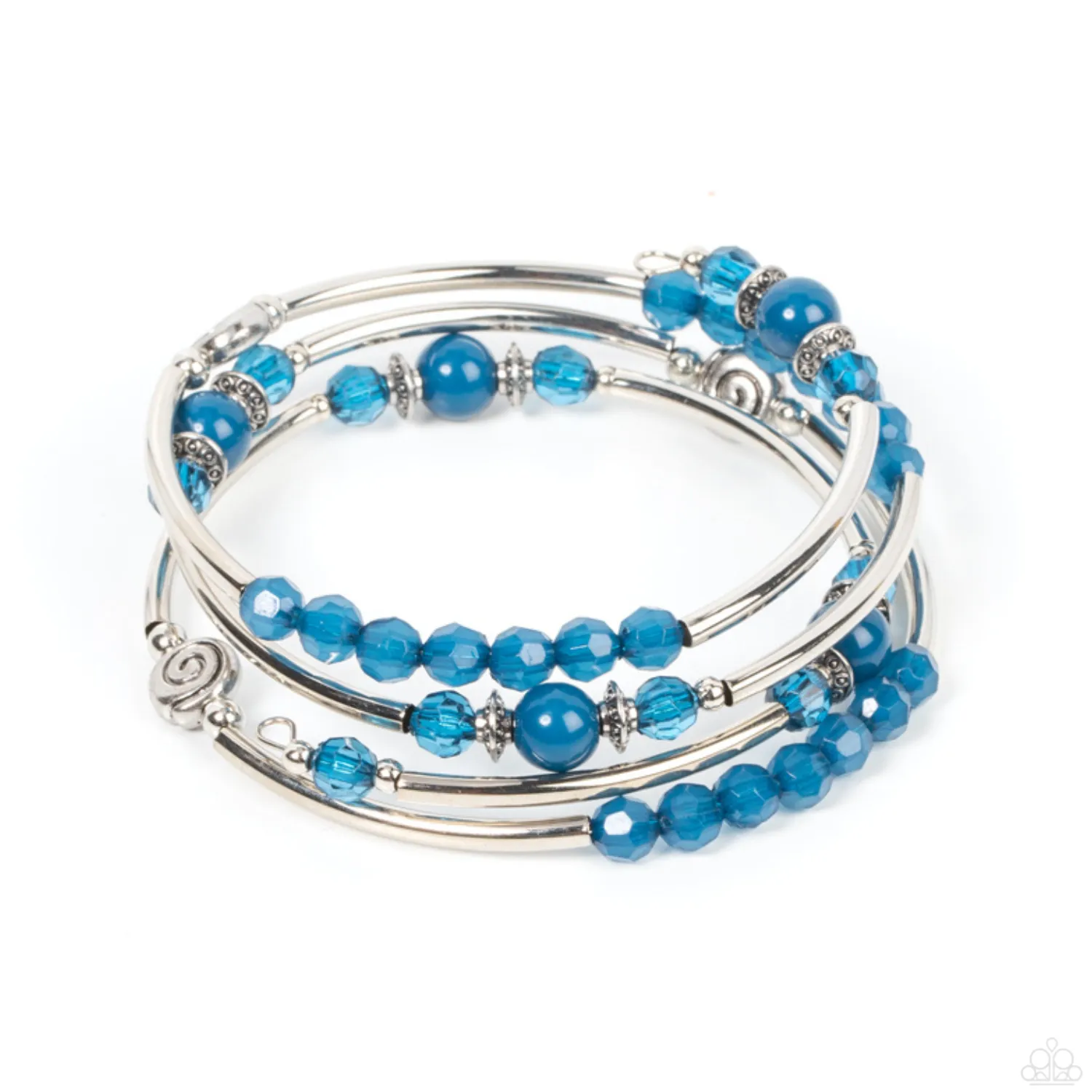 "Whimsically Whirly" Faceted & Acrylic Blue & Silver Bars Beaded Flexible COIL Bracelet.