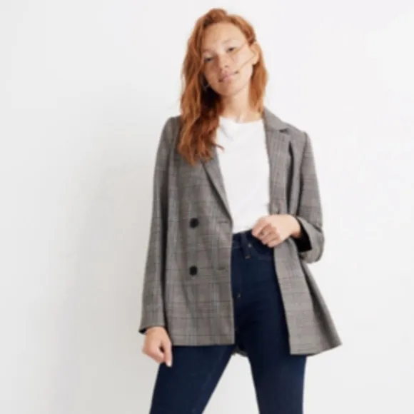 SEEK PLAID double breasted BLAZER Oversized boxy long jacket LF women’s S preppy
