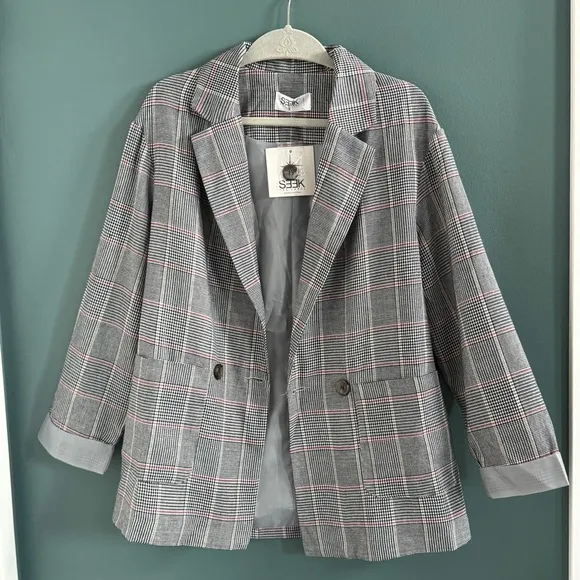 SEEK PLAID double breasted BLAZER Oversized boxy long jacket LF women’s S preppy