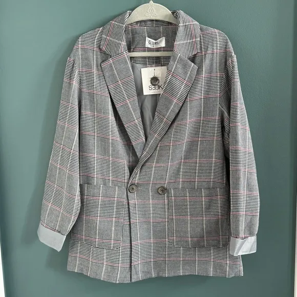 SEEK PLAID double breasted BLAZER Oversized boxy long jacket LF women’s S preppy