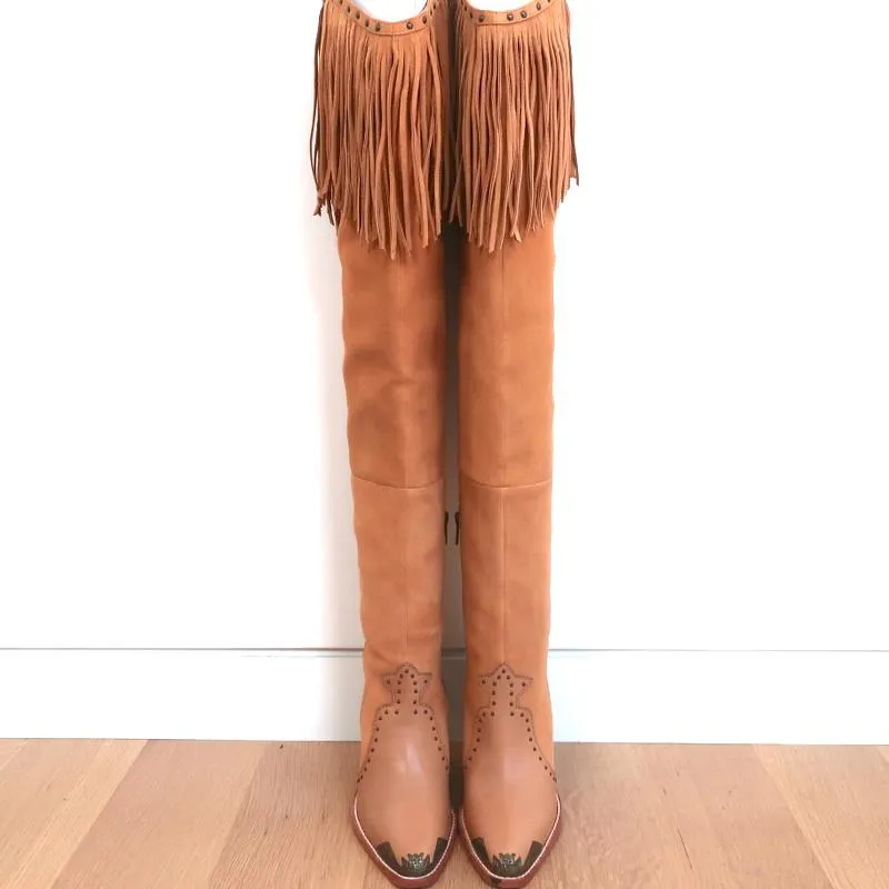 Spell & The Gypsy Collective Evie Over the Knee Fringe Western Boots Tan Size 38