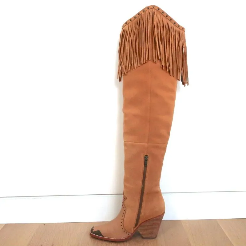 Spell & The Gypsy Collective Evie Over the Knee Fringe Western Boots Tan Size 38