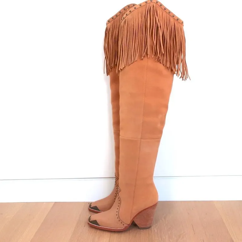 Spell & The Gypsy Collective Evie Over the Knee Fringe Western Boots Tan Size 38