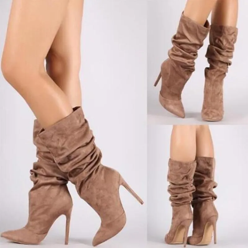 Women Pleated Mid Calf Boots -High Heels Women's Pointed Toe Sexy Pumps