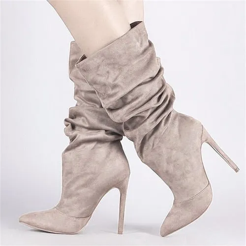 Women Pleated Mid Calf Boots -High Heels Women's Pointed Toe Sexy Pumps