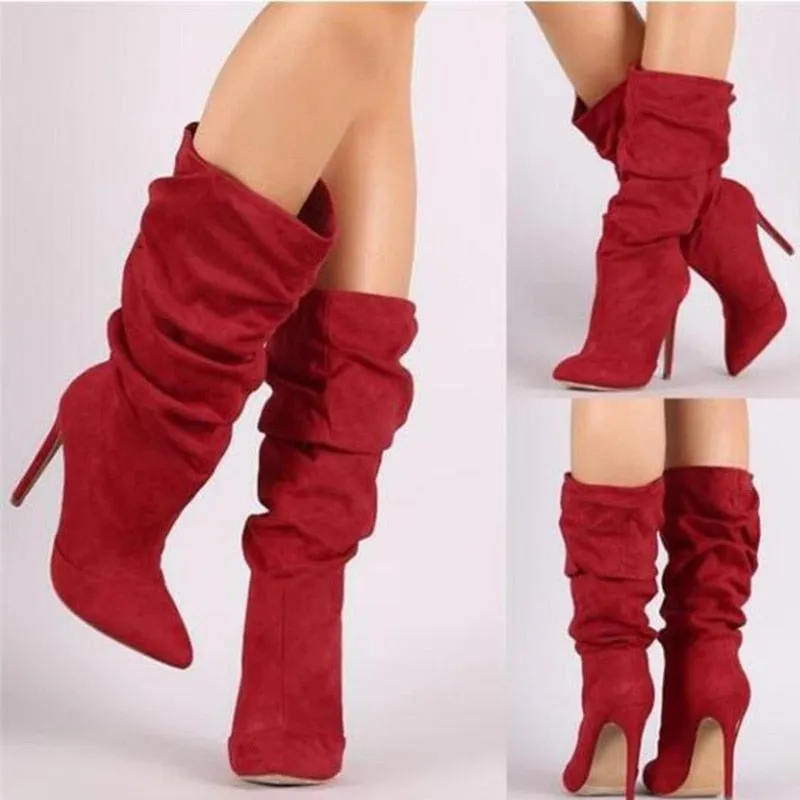 Women Pleated Mid Calf Boots -High Heels Women's Pointed Toe Sexy Pumps