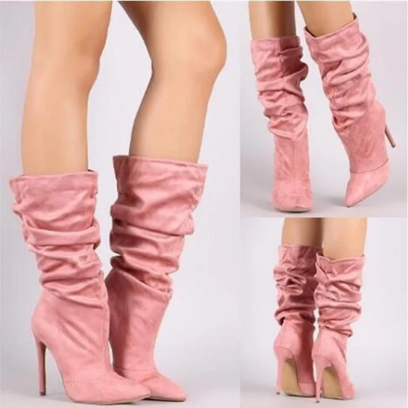 Women Pleated Mid Calf Boots -High Heels Women's Pointed Toe Sexy Pumps