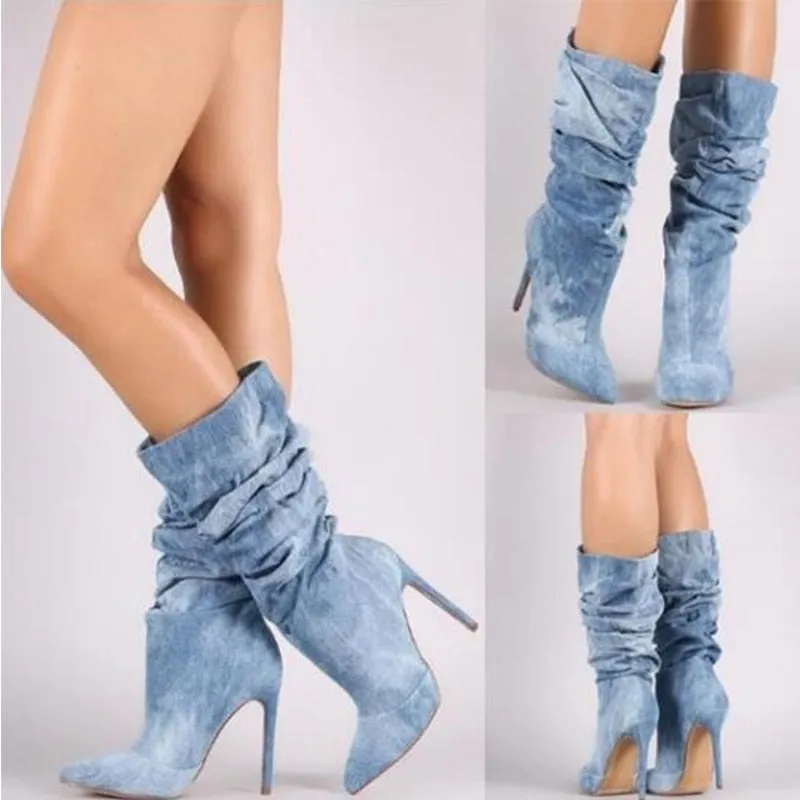 Women Pleated Mid Calf Boots -High Heels Women's Pointed Toe Sexy Pumps
