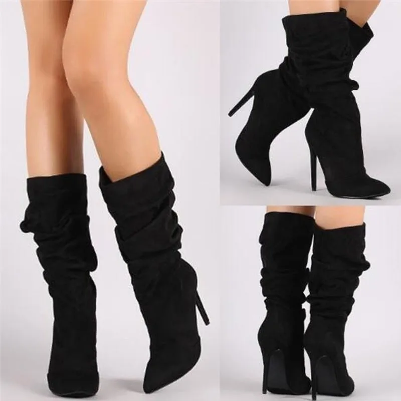 Women Pleated Mid Calf Boots -High Heels Women's Pointed Toe Sexy Pumps